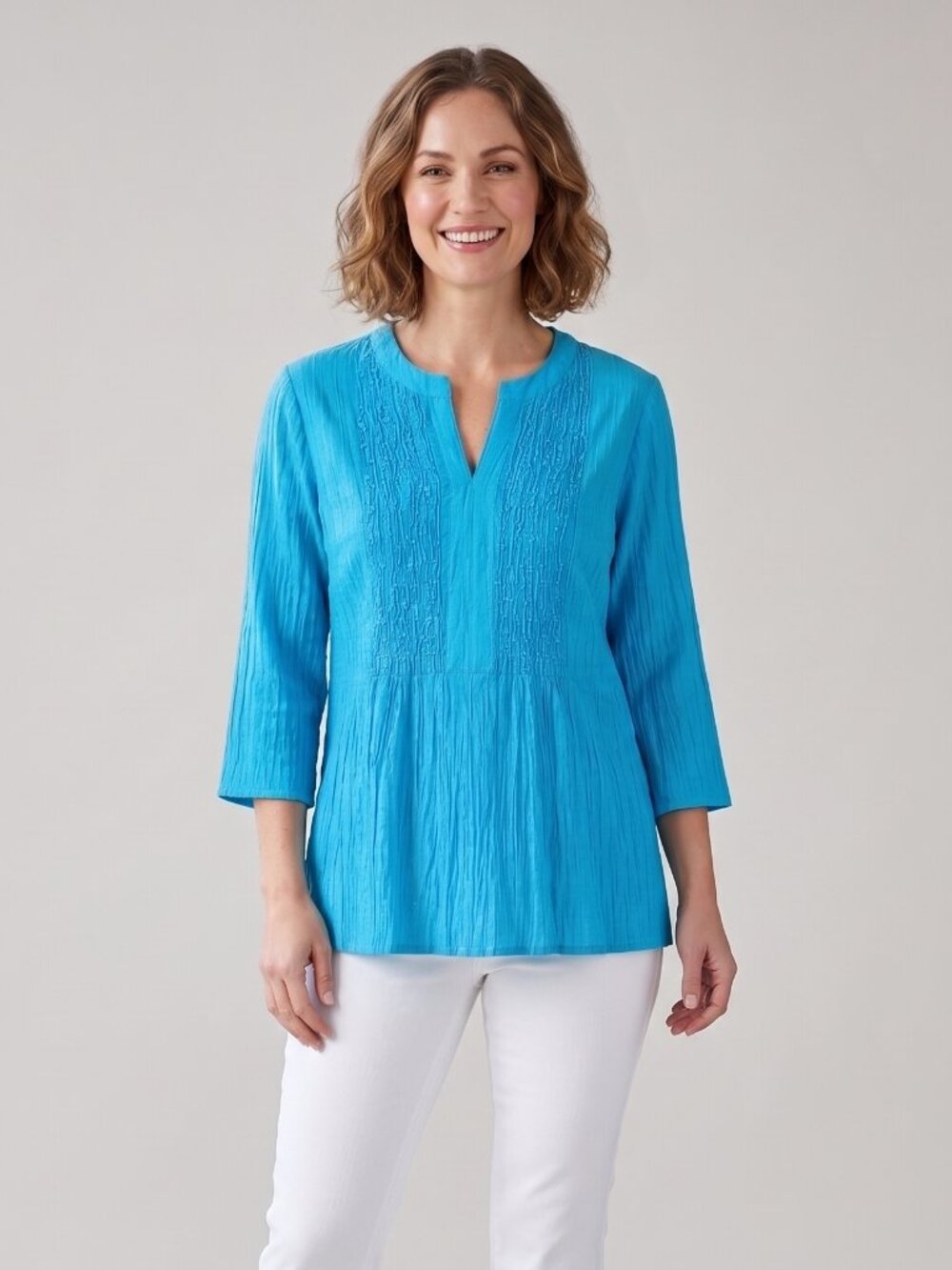 Chico's 0 Women's Bright Blue Beaded V-Neck Tunic Top 3/4 Sleeve Size Small